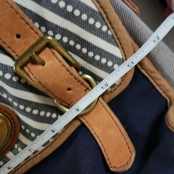 Fossil Brand Canvas Flap Twist Lock Messenger Bag Crossbody Purse Blue Leather - Picture 11 of 13